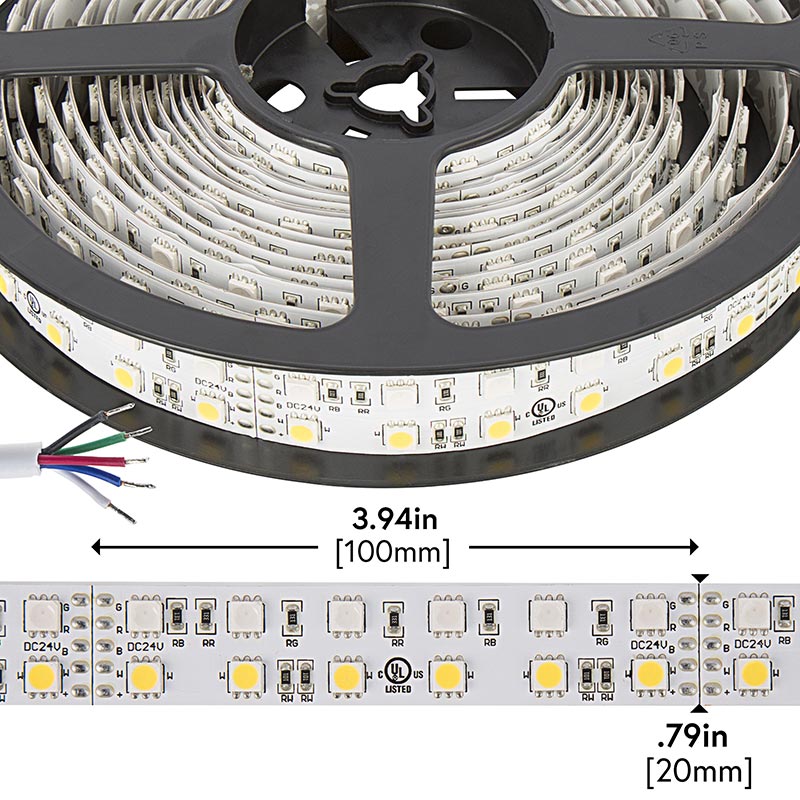 RGBW LED Strip Light - Dual Row 24V LED Tape Light w/ White and Multicolor LEDs - 530 Lumens/ft.