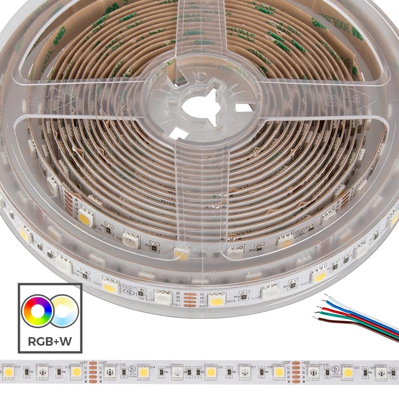 5m RGB+W LED Strip Lights - Color-Changing LED Tape Light - 12V/24V - IP20