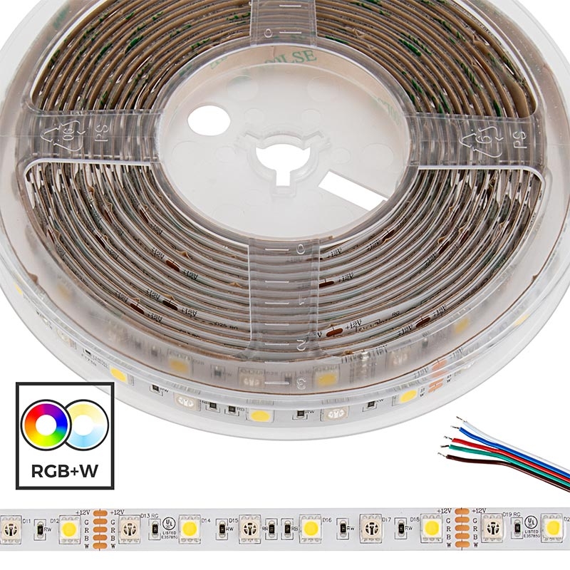 5m RGB+W LED Strip Light - Color-Changing LED Tape Lights - 12V/24V - IP54 Weatherproof