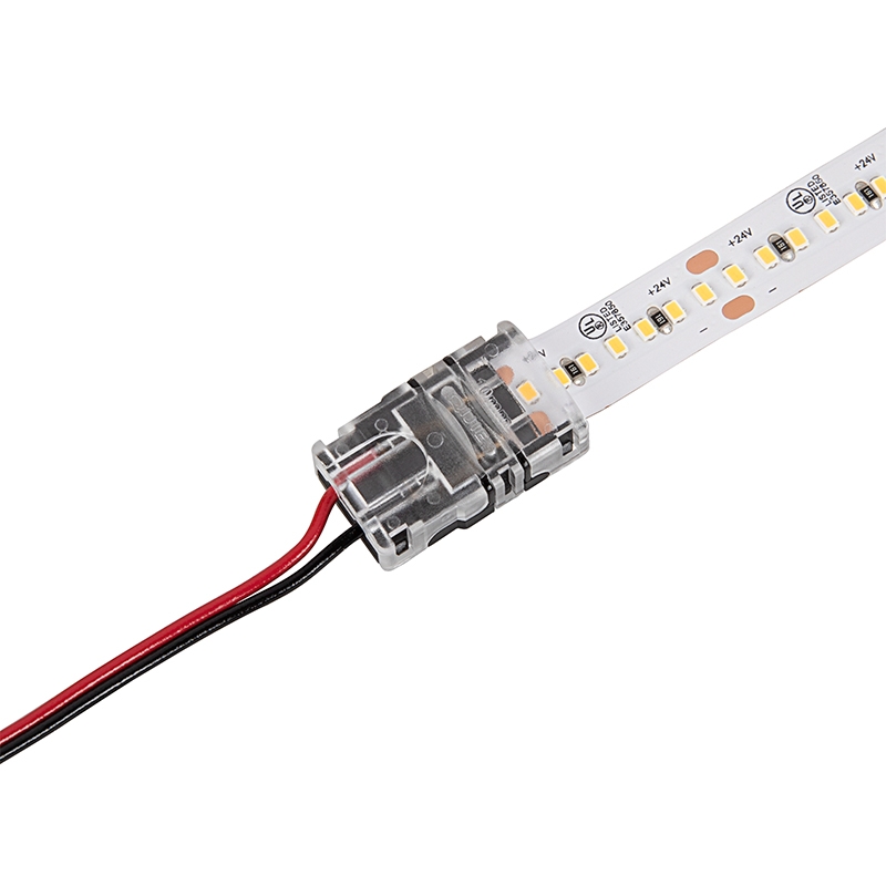 Solderless Clamp On LED Strip Light to Pigtail Adapter - 10mm Single Color Strips - 22-18 AWG