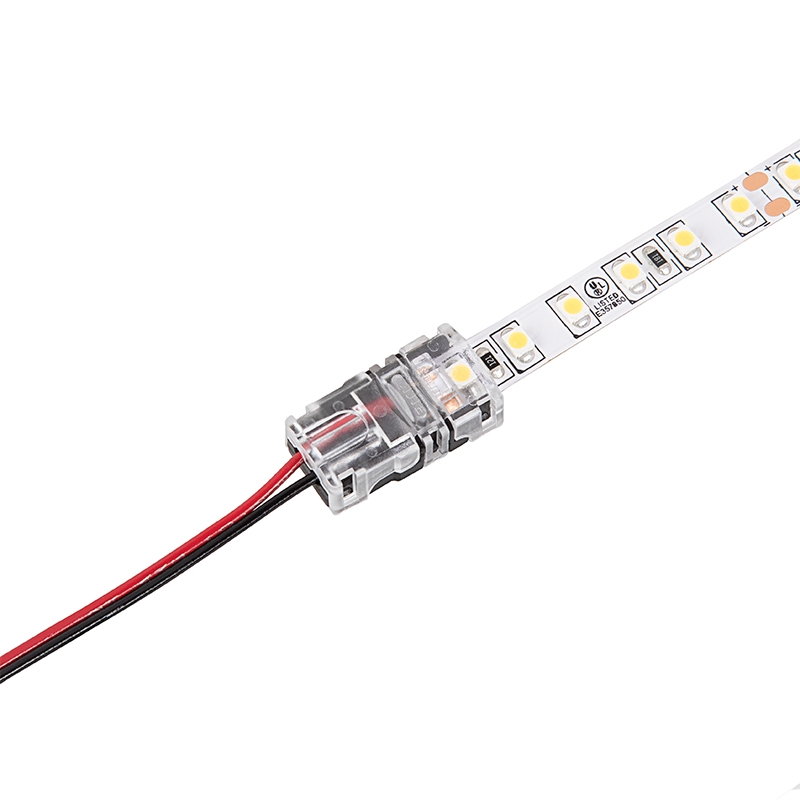 Solderless Clamp On LED Strip Light to Pigtail Adapter - 8mm Single Color Strips - 22-18 AWG